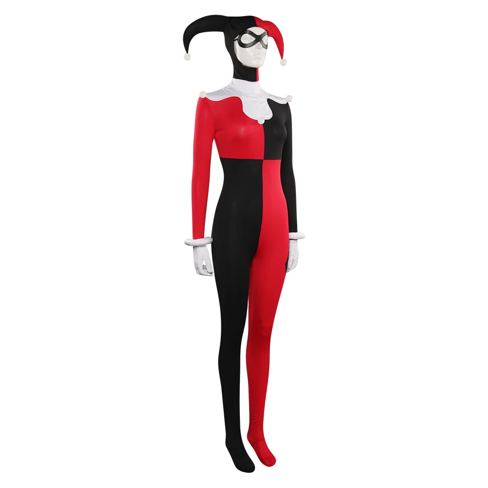 Female Quinzel Cosplay Jumpsuit Mask Costume Outfits For Adult Women Girls Halloween Carnival Suit Role Play Disguise Bodysuit