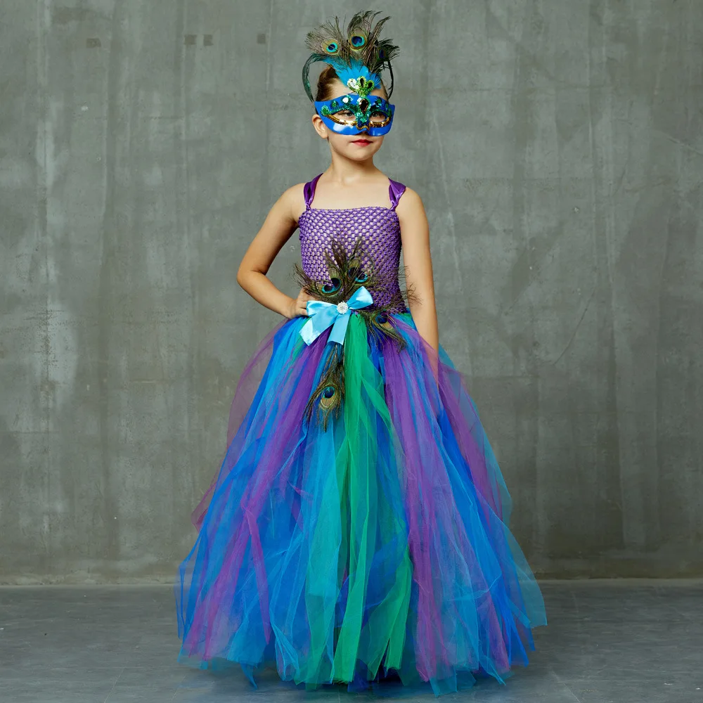 Halloween Peacock Tulle TuTu Dress Girls Feather Decor Mesh Princess Skirt Kids Gala Assembly Elegant Soft Fabric Formal Attire