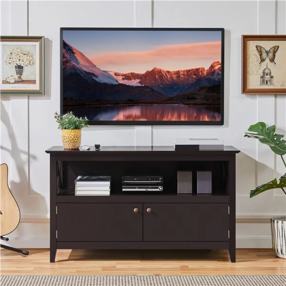 Mueble de TV moderno de madera de 41,7 pulgadas, unidad de almacenamiento, estantes para sala de estar, puertas, color marrón