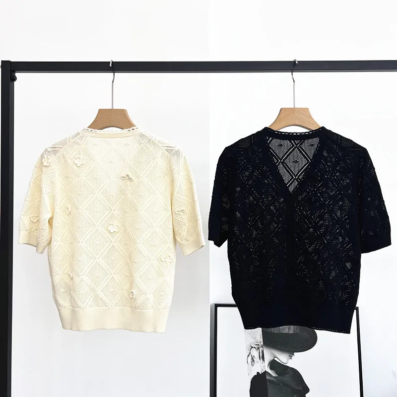 

25 Summer New Women's Cardigan V-neck Single-breasted Short-sleeved Flower Hollow Cotton Knitted Top