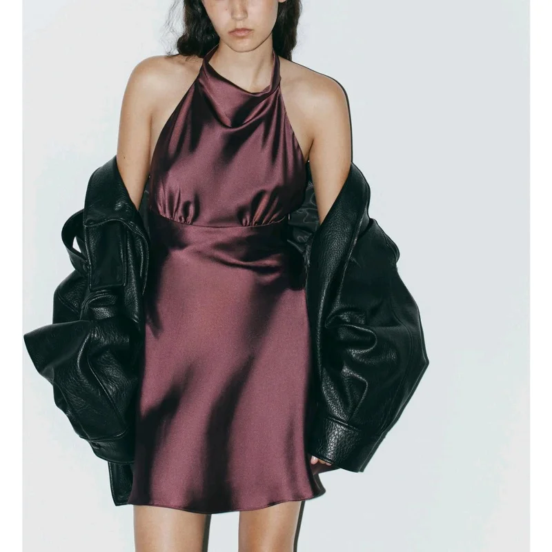 New Autumn Women's ort Silk Satin Dr Bal Design Hanging Collar Neline Pleated Skirt Casual Sle without Sve