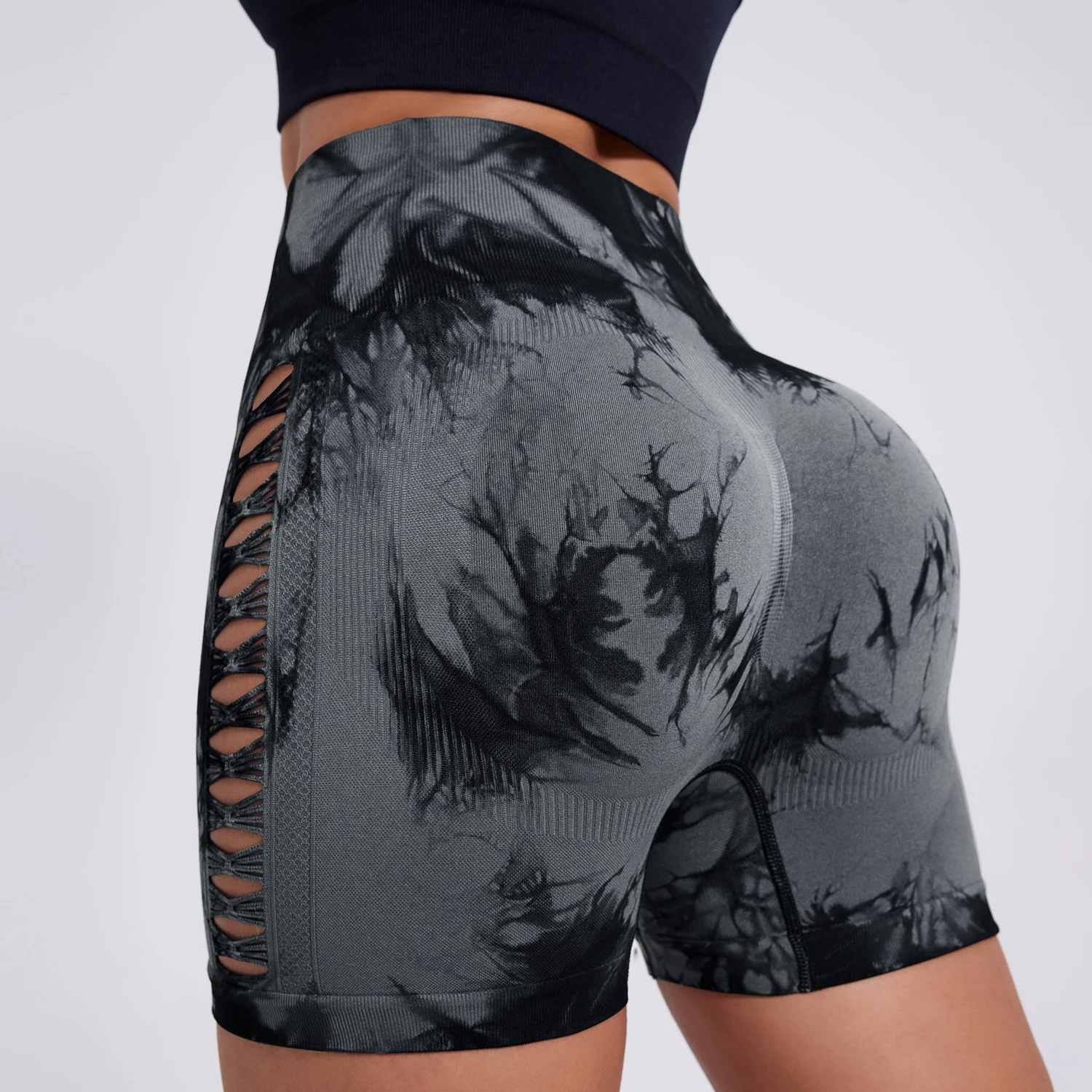 Sexy Cutout Tie Dye Women Shorts Seamless Workout Tights Butt Lifting Biker Fitness Shorts High Waist Gym Tights Casual Wear