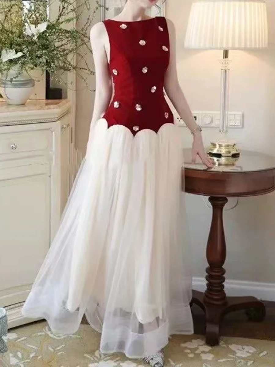 VGH Colorblock 빈티지 댄스 파티 스플 라이스 메쉬 드레스 여성용 라운드 넥 민소매 패치 워크 스팽글 아플리케 미디 드레스 여성