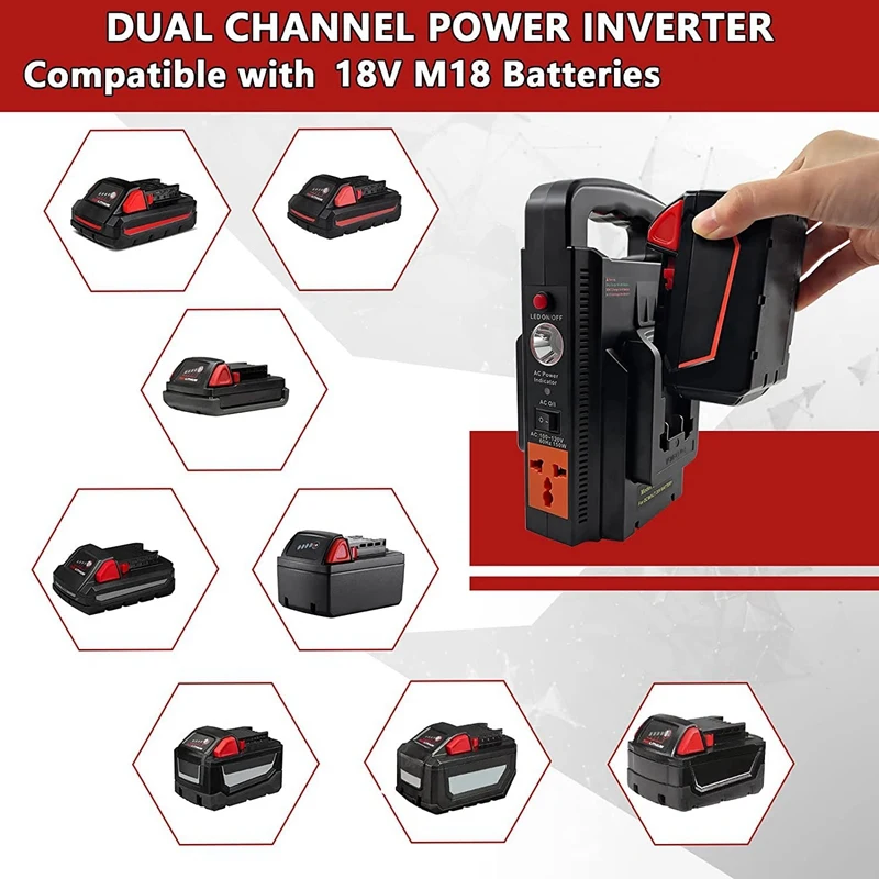 Inversor de fuente de alimentación de 150W para batería de iones de litio M18 de 18V, inversor de corriente portátil de 2 canales DC 18V a AC 120V enchufe estadounidense