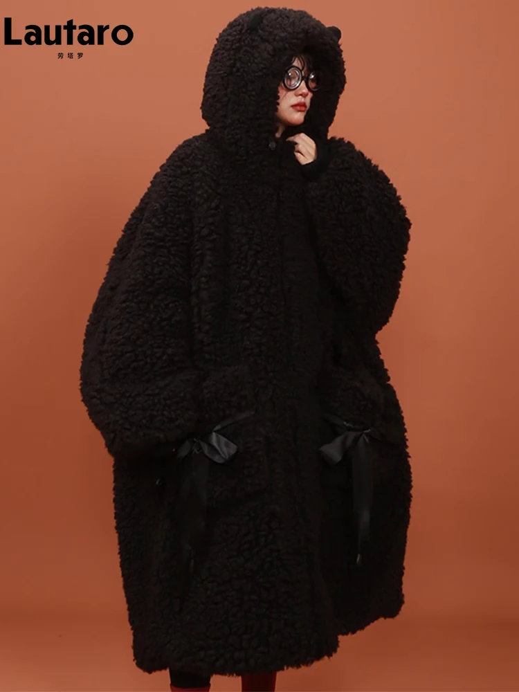 Lautaro Winter Long Oversized Cute Black Warm Fuzzy Faux Fur Coat Women with Bear Ears Kawaii Loose Fluffy Jacket Hoodie 2023