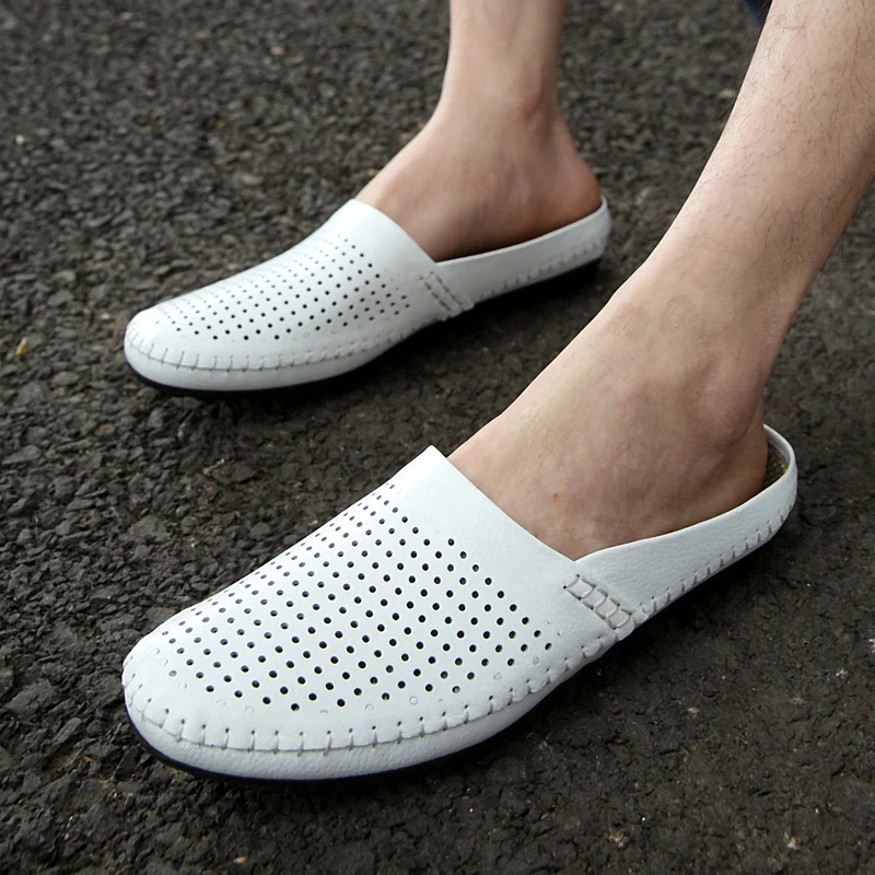 Leather Mules Men Closed-toe Casual Shoes Summer Man Slides Slip-On Loafers Slippers Backless Half Shoes For Men Mule Masculino