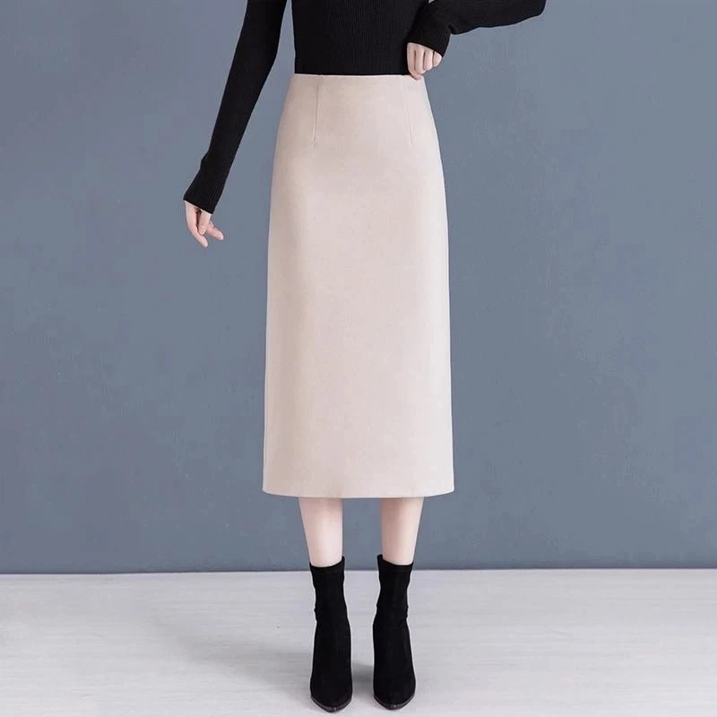 خريف شتاء جديد تنورة المرأة ألف خط منتصف طول الصوفية شق تنورة الراقية تنورة مستقيمة