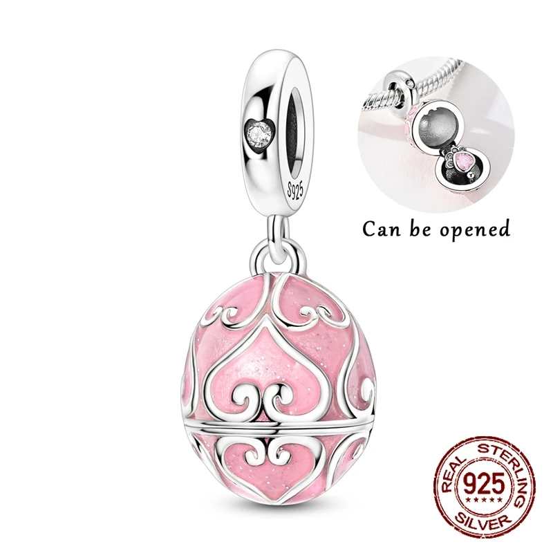 

Подвеска-шарм в форме яйца из серебра 925 пробы с розовым блеском, открывающаяся, для браслетов, DIY, пасхальный подарок для женщин