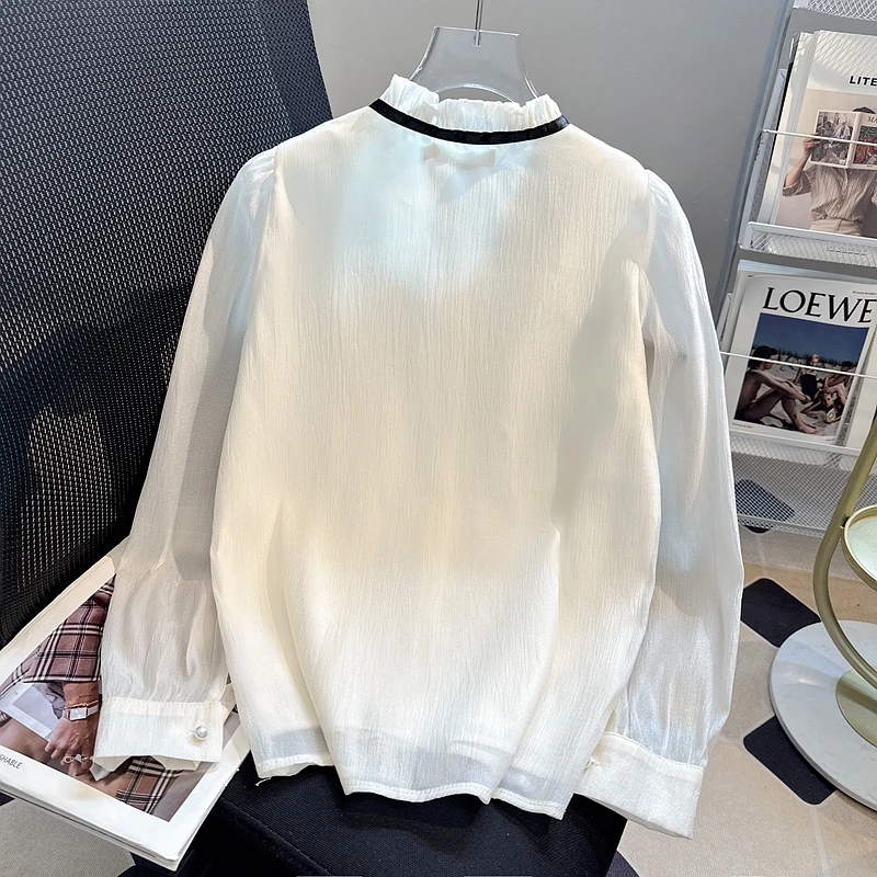 بلوزة قميص نسائية جديدة بأكمام طويلة وياقة مكشكشة وأربطة قميص شيفون بلوزة نسائية بلوزات قمصان Blusas Para Mujer Q559