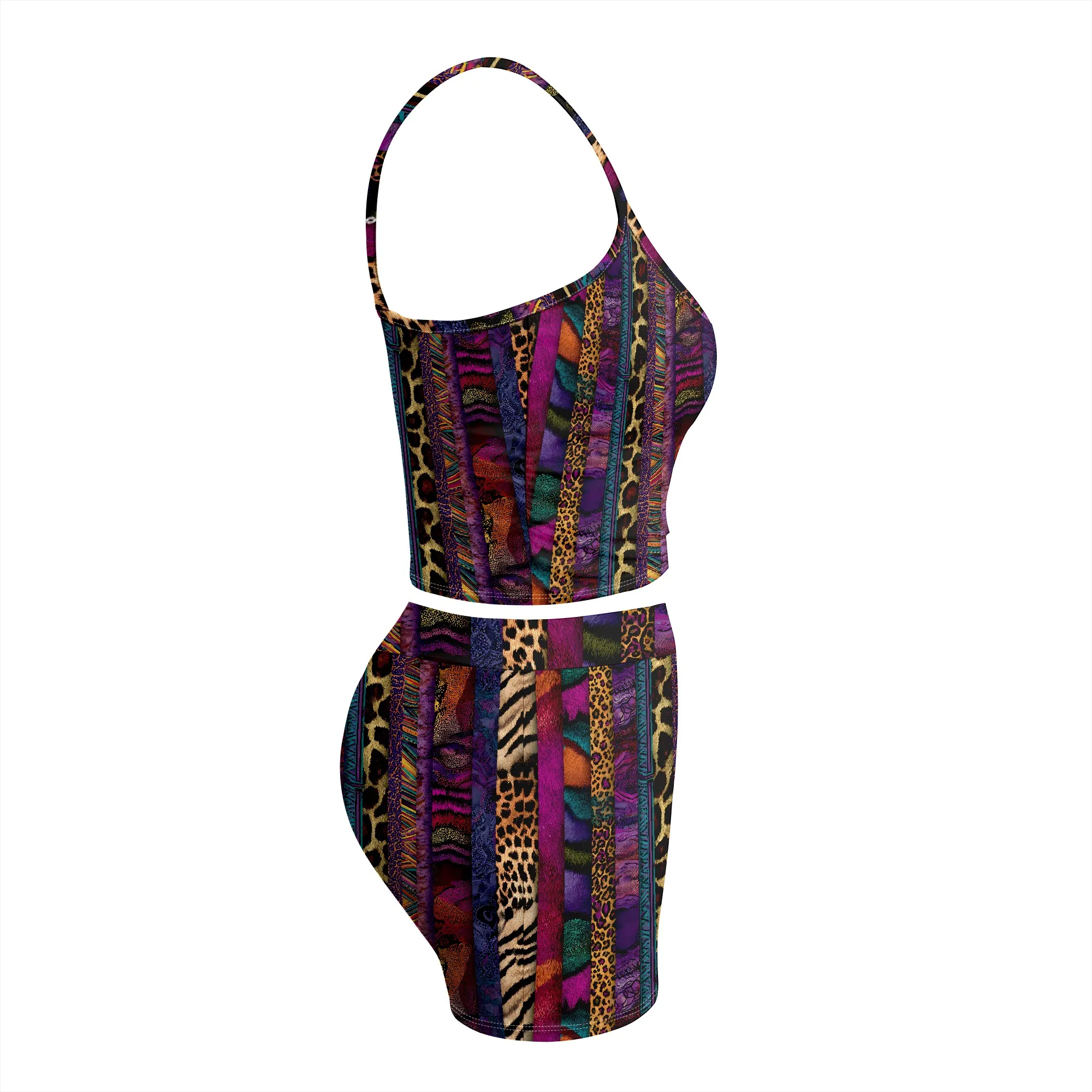 Colorful Animal Print Cami Set, Patchwork Leopard Zebra Pattern Romper, Summer Beach Vacation Outfit, S-2XL