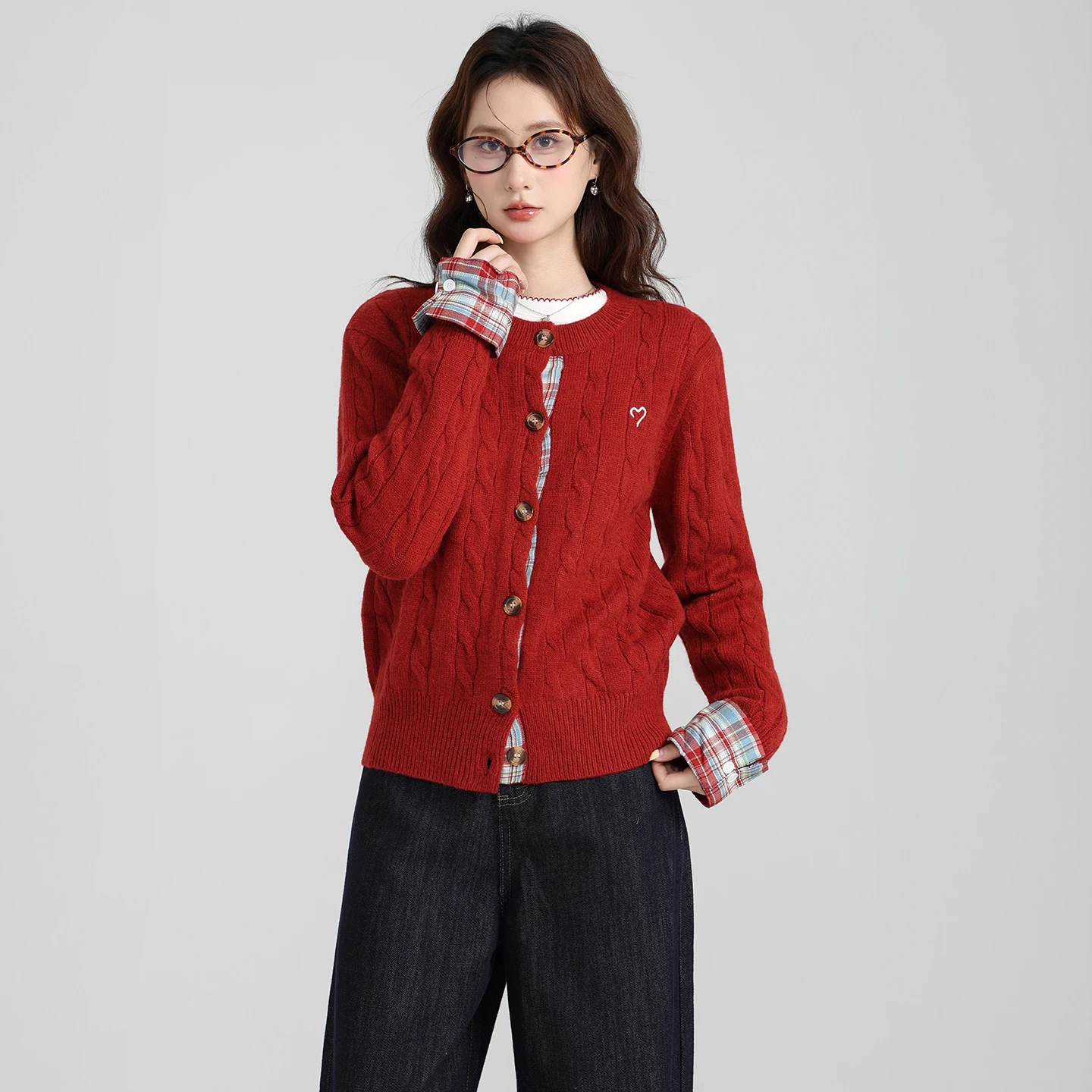 Chaqueta tipo suéter de punto a cuadros bordada con cuello redondo para mujer, Top exterior holgado para Otoño/Invierno