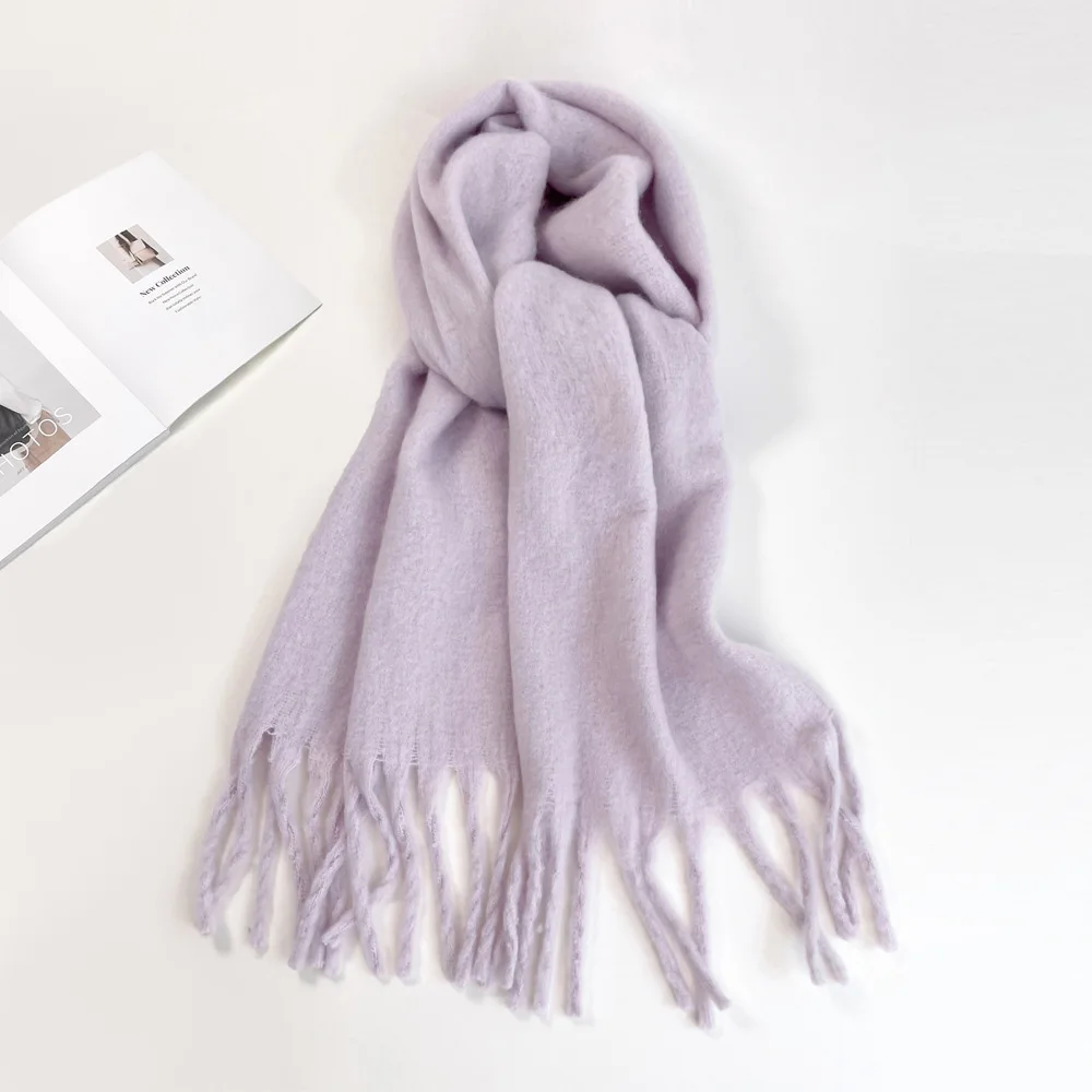 New Mohair Women Scarf Female Winter Warm Thickened Solid Color Long Scarves Soft Coarse Braid Tassel Shawl Viscose Wrap Shawls