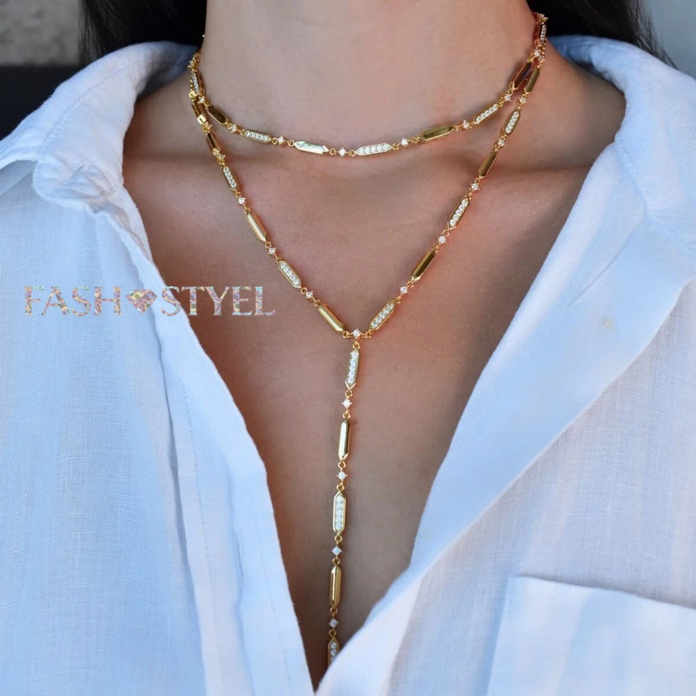 High Quality Long Y Shape Necklace Choker Chain Micro Paved Bling Cubic Zirconia CZ For Women Wedding Party Bar Fashion Jewelry