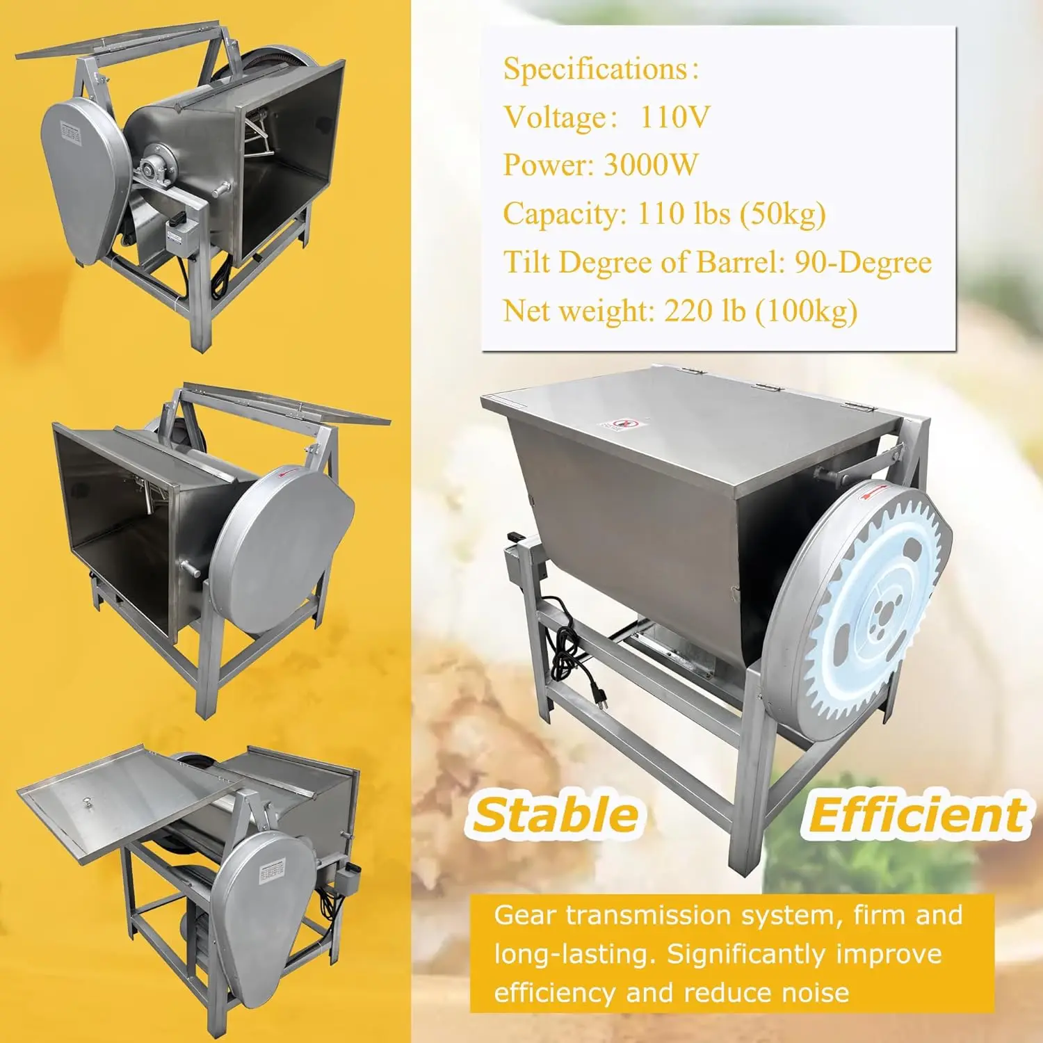 50KG/110LB 상업용 반죽 믹서 기계, 110V 3000W 전기 반죽 반죽 기계, 회전식 그릇 포함, 빵집 피자 가게용