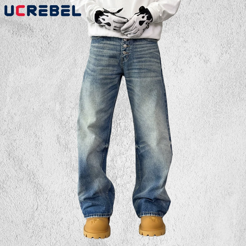 Retro Ripped Jeans Mens Pocket High Street Washed Distressed Straight Baggy Wide Leg Single Breasted Denim Pants Man Trousers