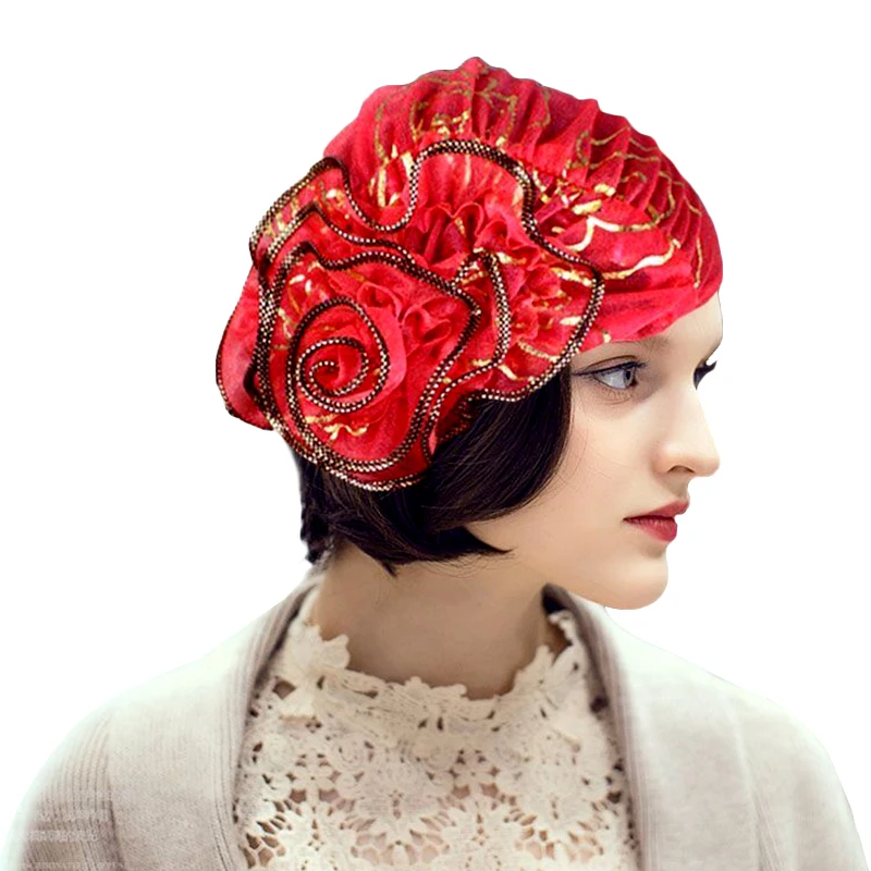 Muslim Islamische Bronzing Blume Elastische Turban frauen Hut Beanie Kopf Schal Wrap Chemo Kappe Casual Haar Bonnets Hijab Caps – Detail 2