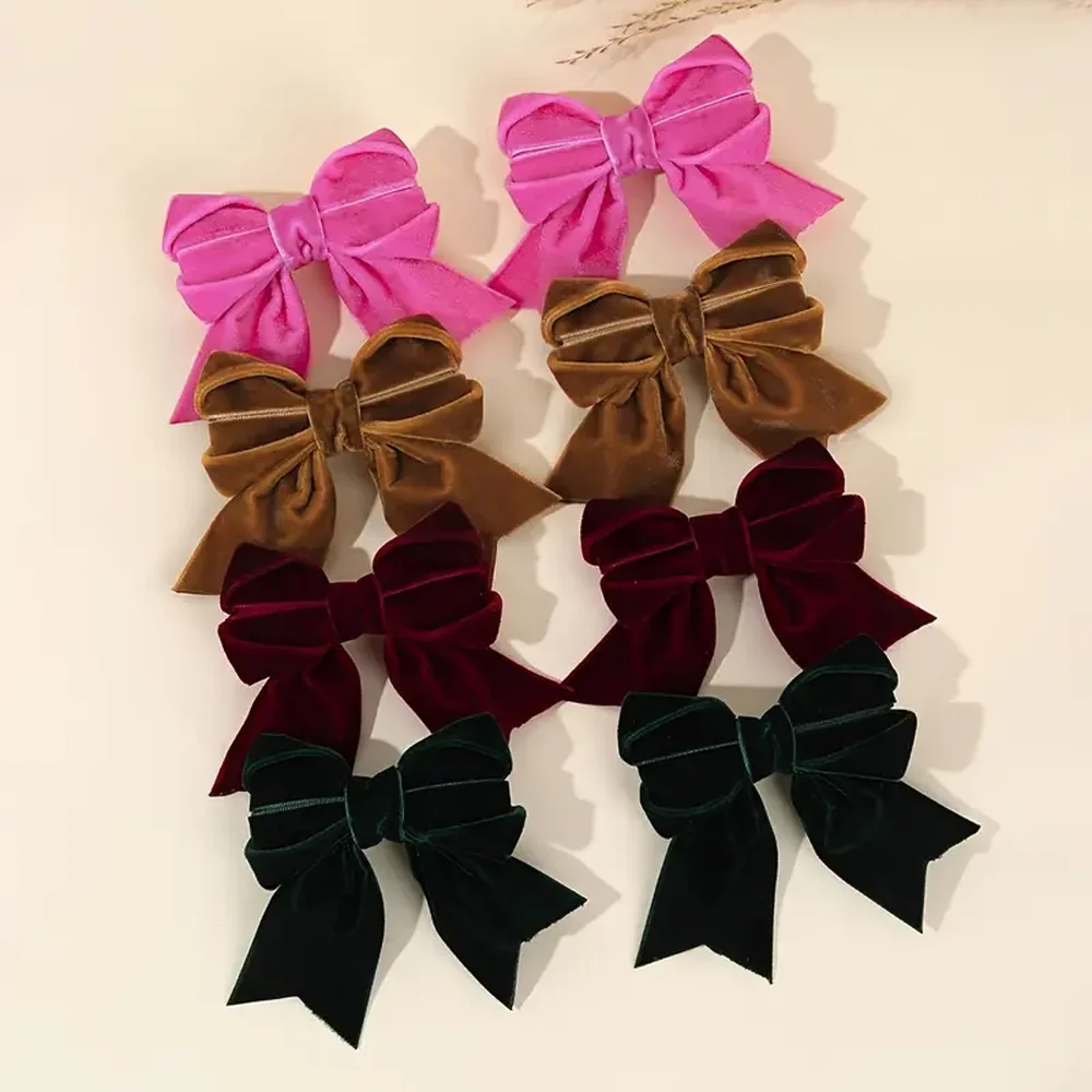 2 шт. новые элегантные бордовые бархатные заколки для волос с бантом, заколки ручной работы с бантом и рюшами по краям для девочек, изысканные аксессуары для волос