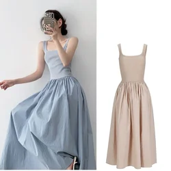 new Summer Patchwork Sleeveless Dress Vintage Female Fashion Casual Holiday Dress For Women Square Neck Long Party Dresses