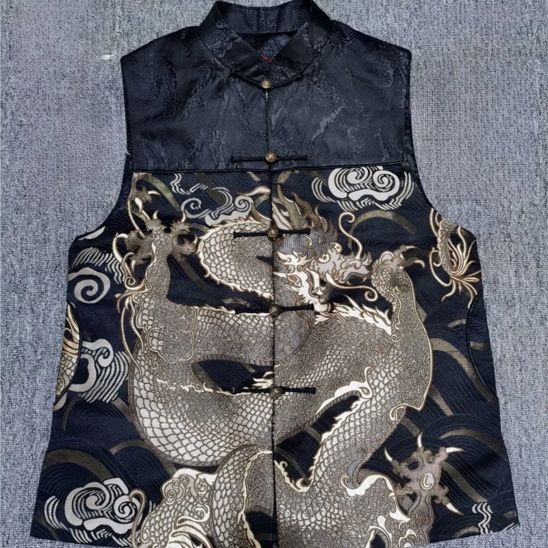 

Design national retro-improved disc stand collar dragon pattern men's vest