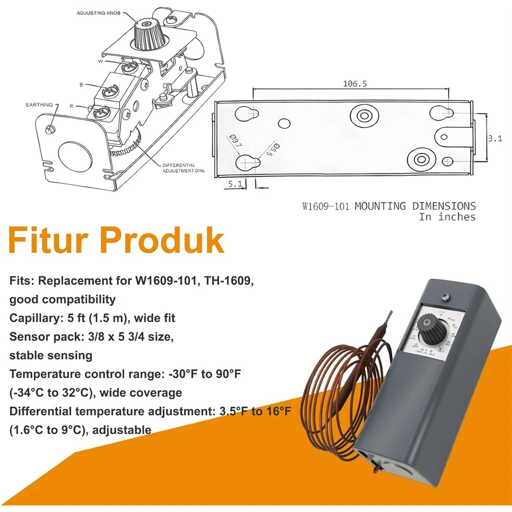 GTBL W1609-101، TH-1609 ترموستات التحكم في درجة الحرارة من-30 °   F إلى 90 °   F(-34 °   ج إلى 32 °   ج)، توبي شعري بطول 5 أقدام