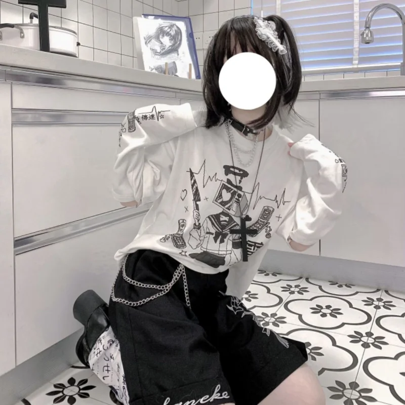 Detachable Long Sleeve Y2k Clothes Anime Print Spring Summer Japanese Girl T Shirts Casual Loose Preppy Style Punk Gothic Tops