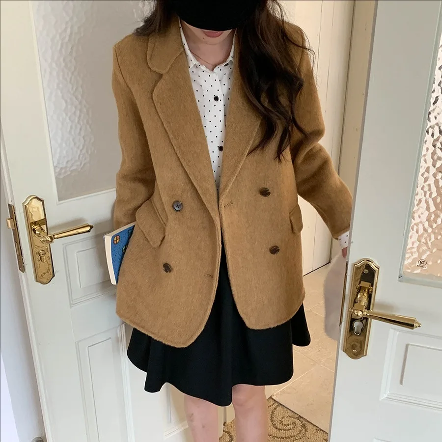 

Зима 2025 г., женский повседневный шерстяной костюм с длинными рукавами, новая модная верхняя одежда для женщин