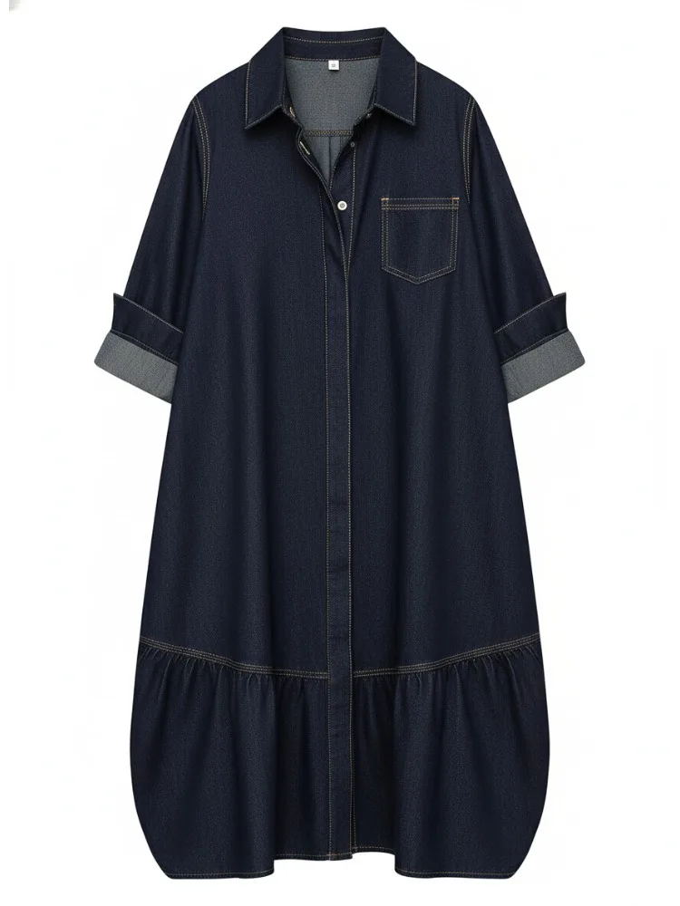 Bonboho Robe chemise en jean bleu marine pour femme col cranté manches longues boutonnée coupe ample robe mi-longue 2025 robe plissée élégante