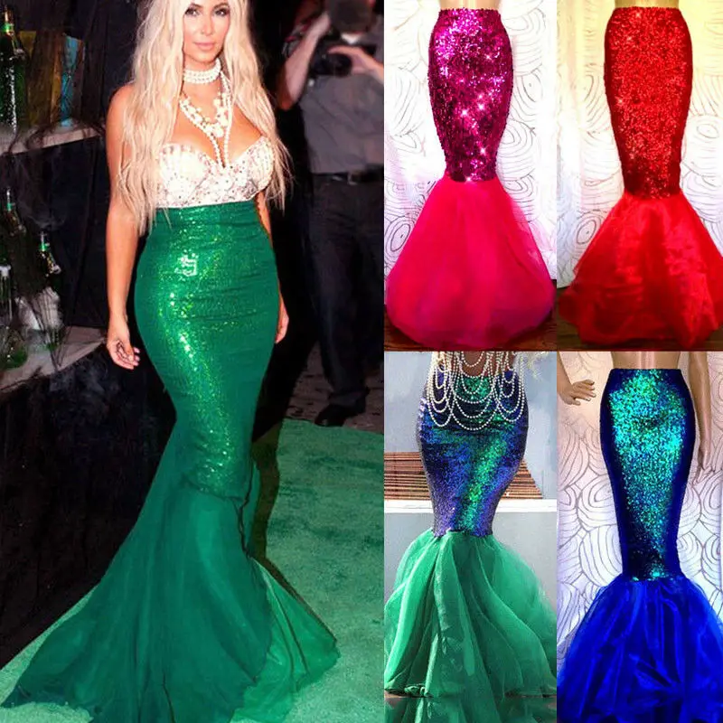 Women Adult Sequins Mermaid Long Tail Skirt Party Maxi Fancy Dress with Asymmetric Mesh Panel Halloween Cosplay Costume