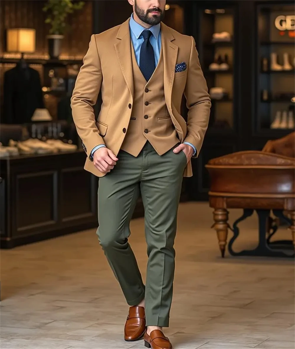 

Men's Suits 2025 Gentleman in Camel 3-Piece Suit Classic Tuxedo for Weddings & Formal Events (Jacket+Vest+Pants)