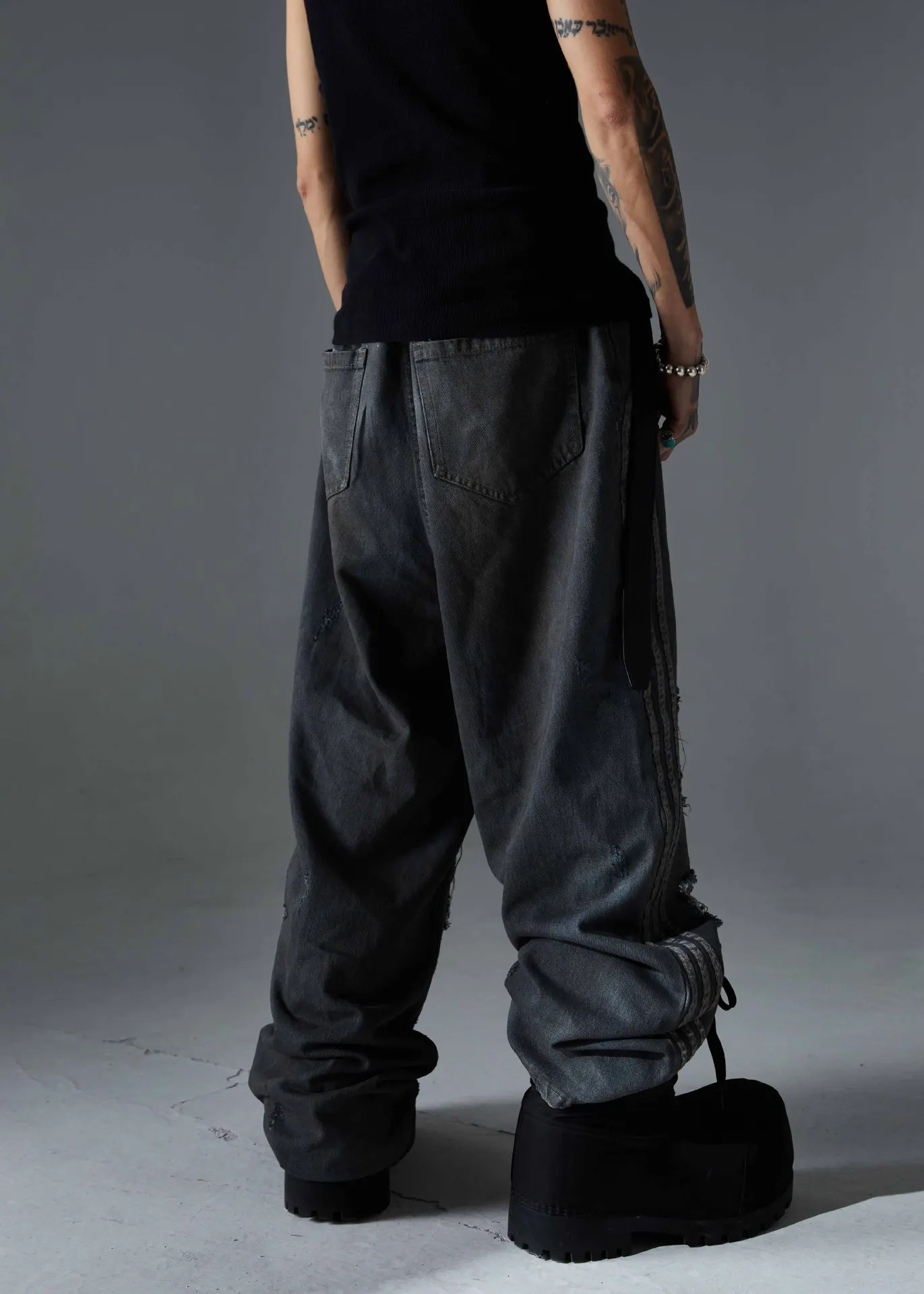 Retro Wasteland Style Dirty Dyed Washed Ripped Jeans Pants Men's and Women's Striped Patchwork Casual Loose Streetwear Pants