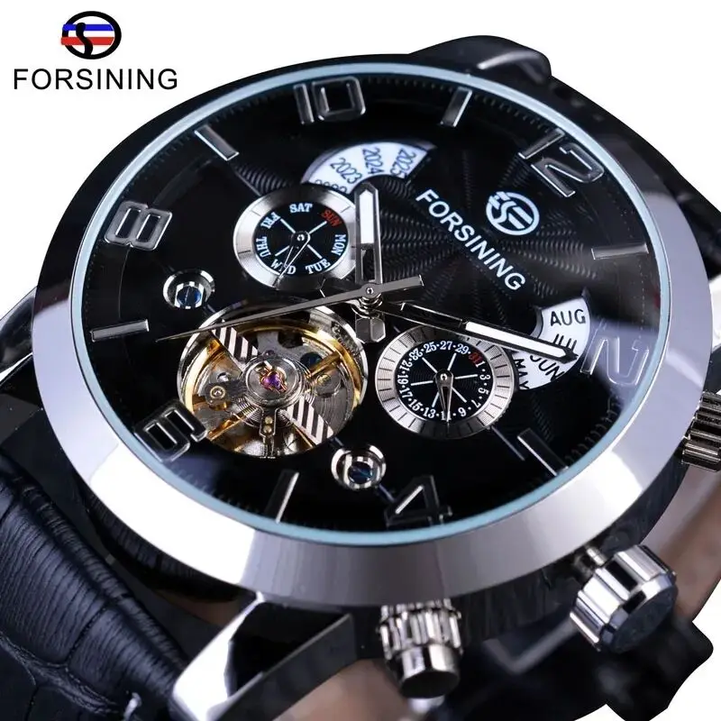 Forsining 5 Hands Tourbillion Fashion Wave Dial Design Multi Function Display Men Watches Top Brand Luxury Automatic Watch Clock