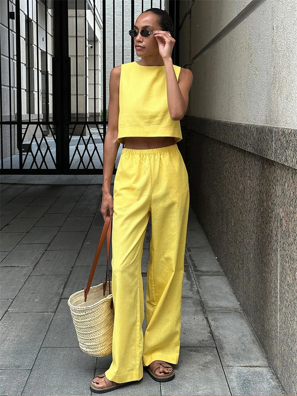 Elegant Summer Vest and Pants Two Piece Set for Women Solid O Neck Tank Crop Top Wide Leg Pants Office Lady Outfits