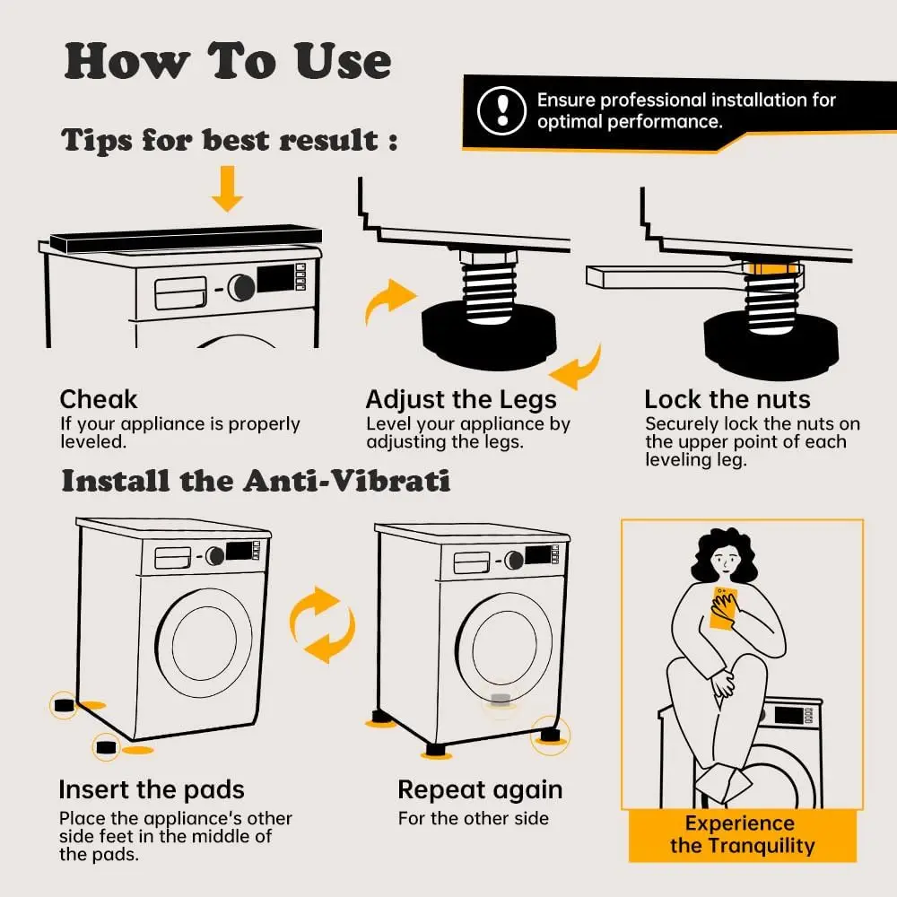 Universal washer and dryer vibration pads that reduce noise, prevent vibration, and protect floors pad - a set of 4(Black)