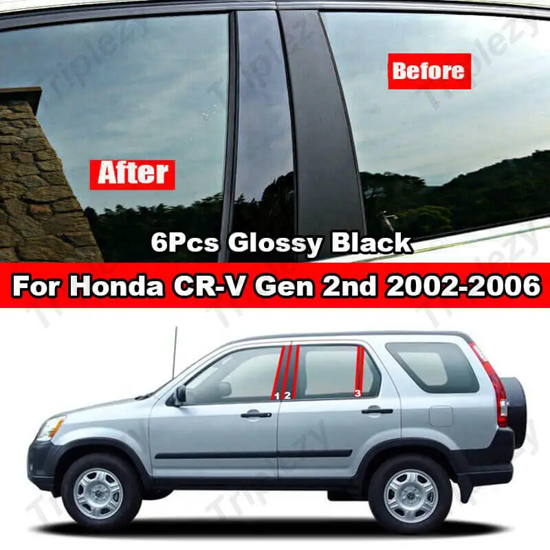 6Pcs Glossy Chrome/Black/Carbon Fiber Car PC Window Door B C Pillar Post Cover Trim For Honda CRV CR-V G2 Gen 2nd 2002-2006