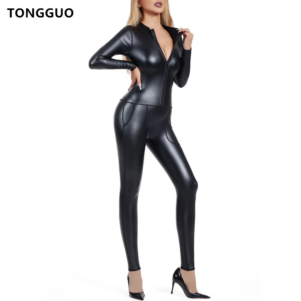 Women Seamless Bodysuit Metallic Zip Front Mock Neck Catsuit Costume Shapers Nightclub Dance Shapewear Sexy Jumpsuit with Pocket