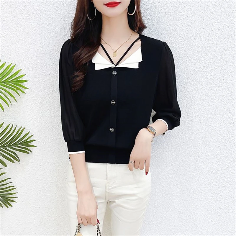 Women Clothing Fashion Contrast Color Elegant Chic Ice Silk Knitwears Female Korean V Neck Hollow 3/4 Sleeve Slim Pullover Tops