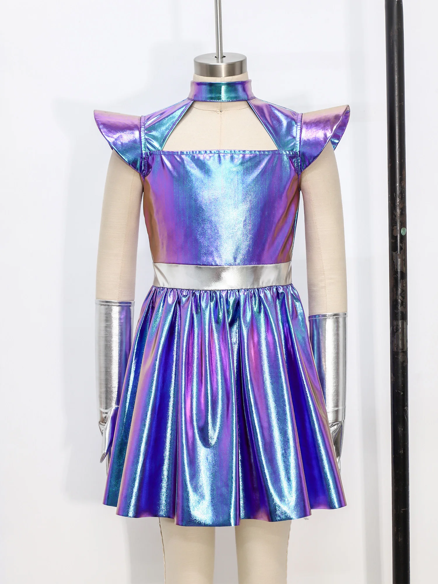 Kids Alien Astronauts Cosplay Costume Girls Ballet Dance Dress Flying Sleeve Ruffled Dress with Gloves Halloween Robot Outfit view 3