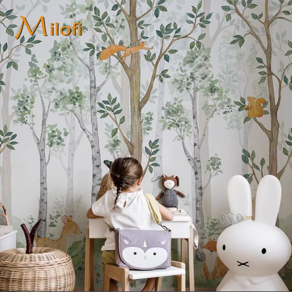 Milofi Customized Forest Children's Room Background Wallpaper, Watercolor Wallpaper, Mural, Boys and Girls' Bedroom Home Decorat