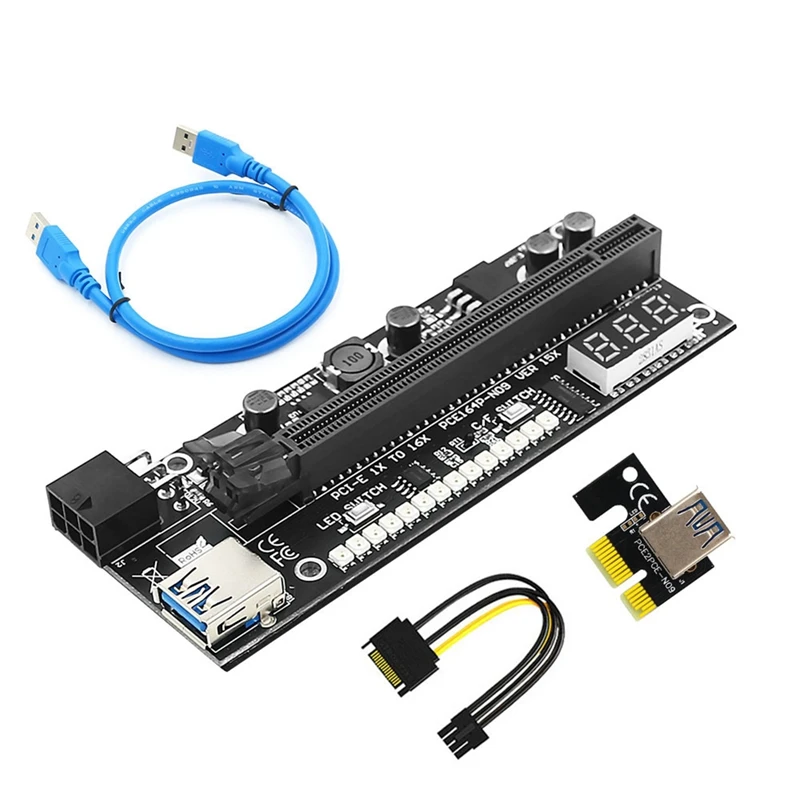 PCIE Riser 15X Plus PCI-E 16X Riser VER15X Riser Card 6Pin Power 14LED Lights Temperature Display For Miner Mining