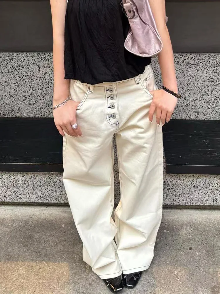 

Retro American Washed Denim Jeans Women's A-Line Slim Fit Loose Fitting Slimming Floor-Length Pants Natural Waist Button Closure