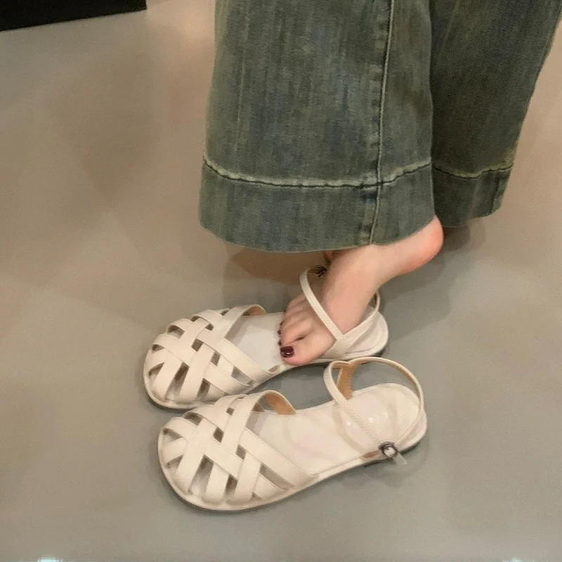 Sandals Women 2024 New Summer Fashion Woven Flat Casual Retro Single Shoes