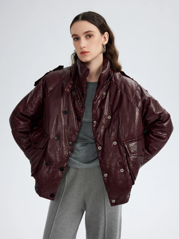 

Fluffy Warm Winter Genuine Leather Goose Down Jackets for Women High-end Simple Stand Collar Oil Wax Real Sheepskin Down Coat