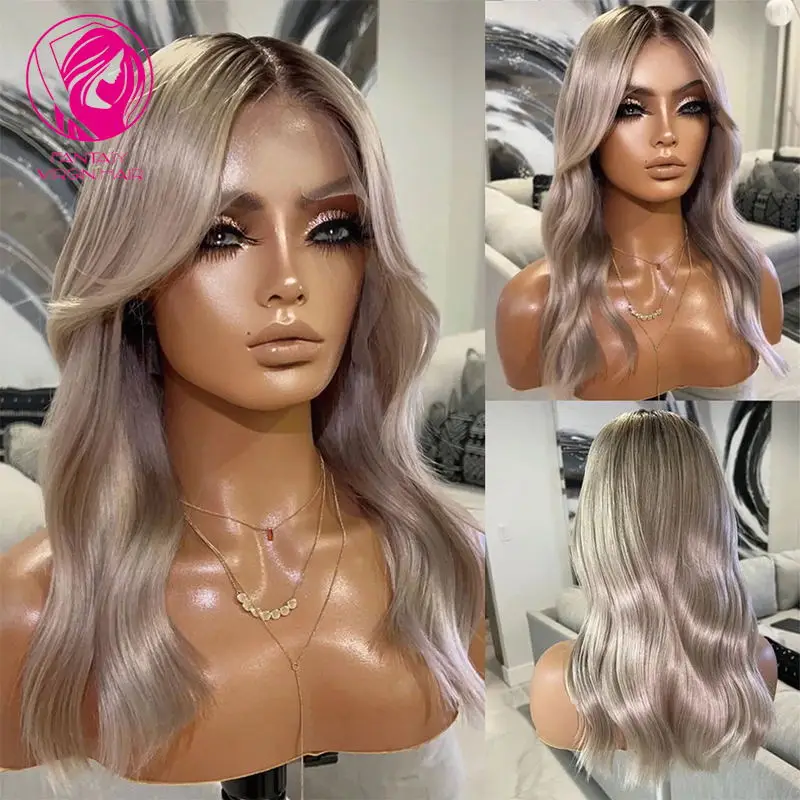 

Silver Blonde Ombre Human Hair Wigs Pre Plucked 13x4 Lace Front Wig With Roots Shoulder Length Natural Wave Bob Wig Virgin Hair