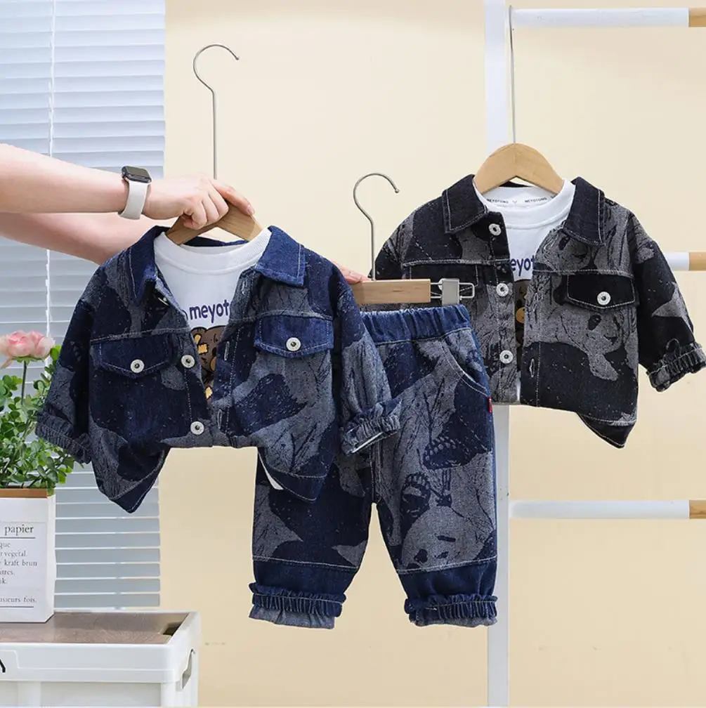 Boys Christmas Outfits 6 To 9 Months Korean Fashion Baby Sets Cartoon Vertical Strip Jackets+T-shirts+Pants Toddler Boy Clothes