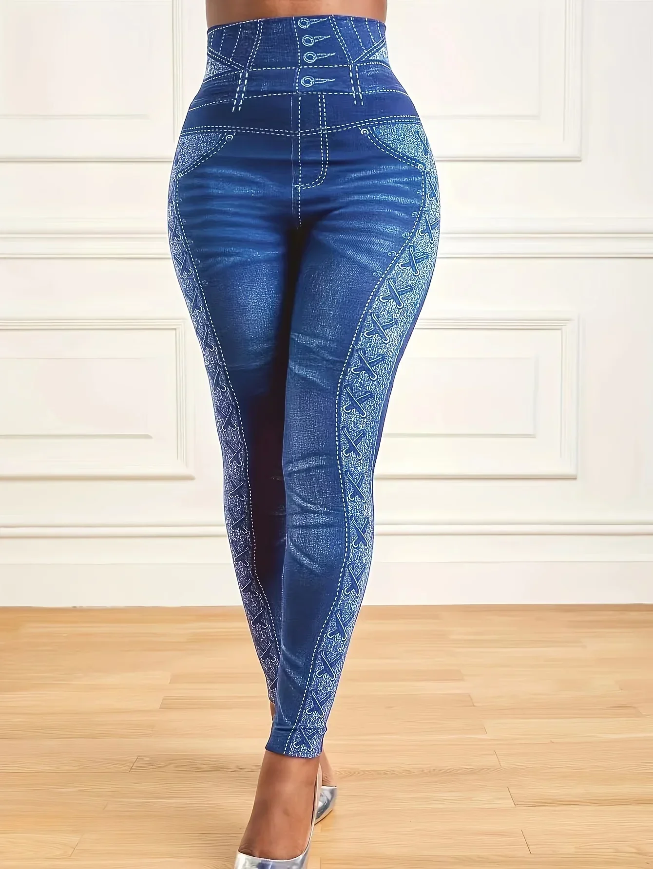 Plus Size Women‘s High Waist Faux Denim Jean Leggings Slim Elastic Seamless Skinny Pencil Pant Female Workout Running Leggings