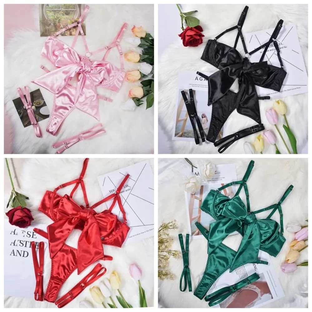 

Fashion Bow Underwear Three Piece Set Hollow Out Ruffle Satin Silk Bra Suit Women Lingerie Sweet Women Lingerie Set Girl