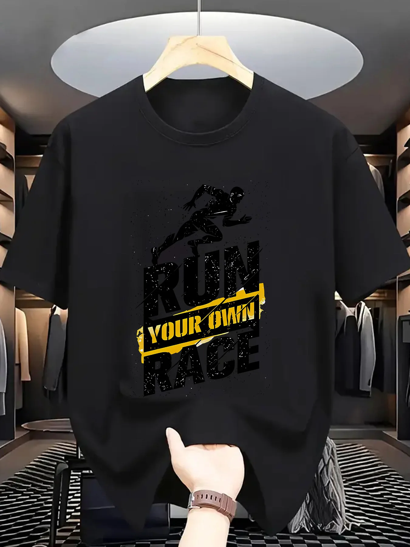 Run Your Own Race Mens Crew Neck T Shirt Runner Silhouette Inspirational Letter Graphic Short Sleeve Tee Sport Male Street Tops