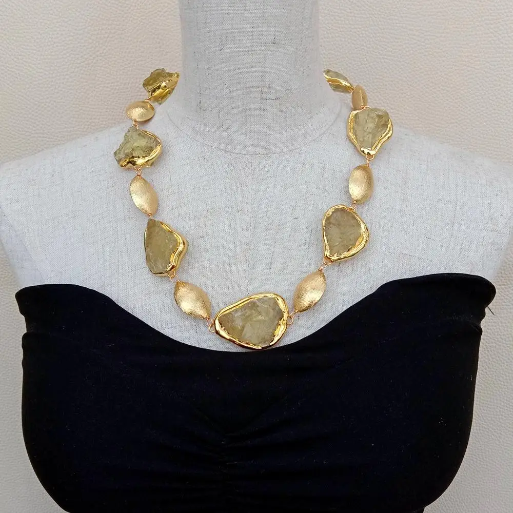 YYGEM Natural 28x35mm Lemon Quartz Rough Raw Necklace 19x25mm Gold Plated Brushed Bead Yellow Gemstone Semi Precious