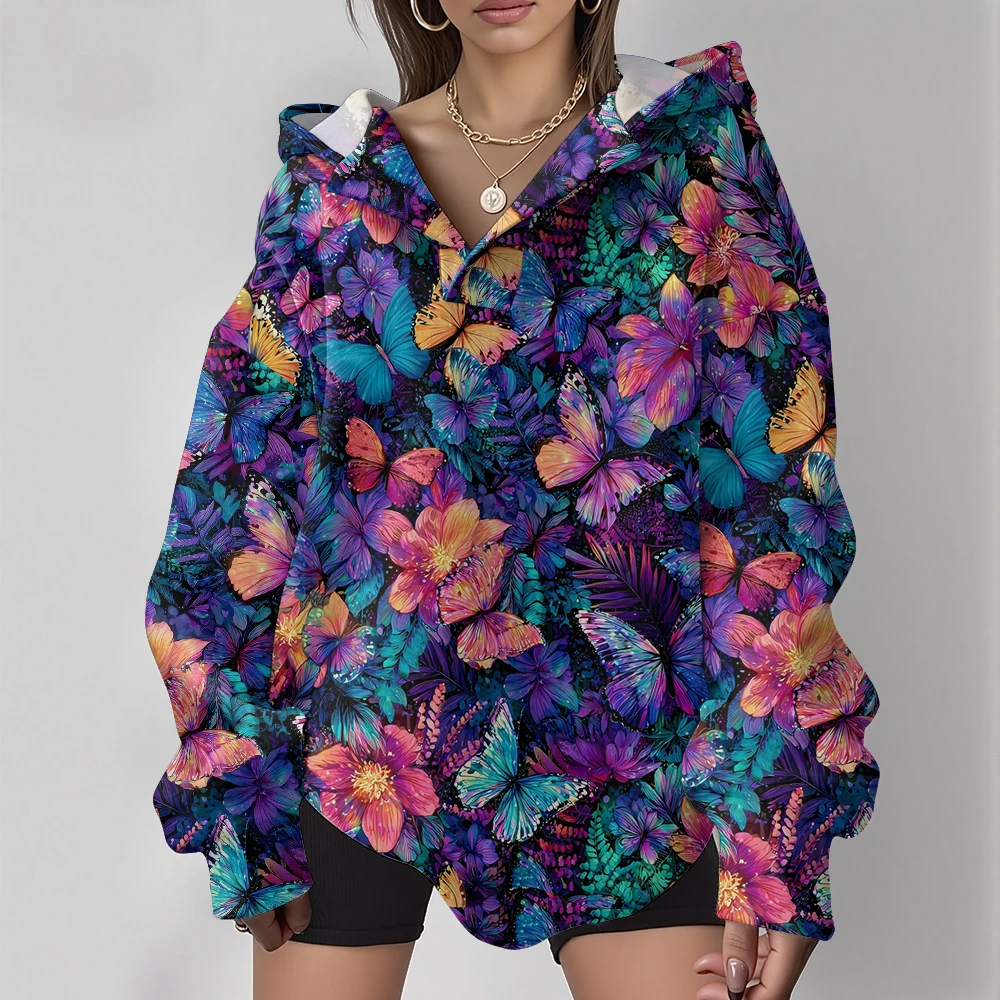 

Женская уютная толстовка с бабочкой, свободный крой, мягкий пуловер с v-образным вырезом, яркий цветочный принт для гостиной, повседневная одежда, путешествия в холодном сезон