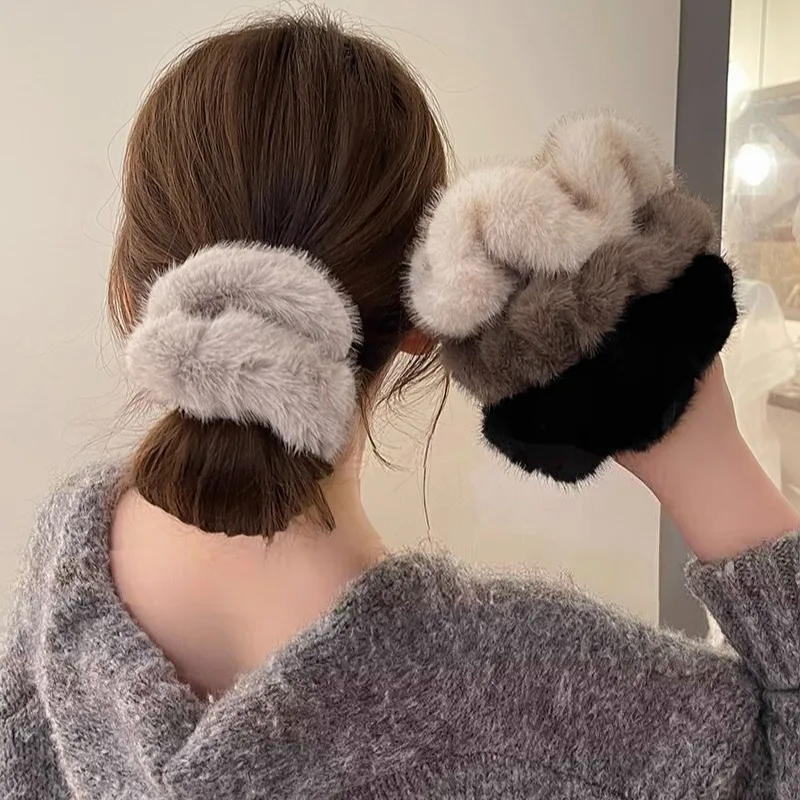 

Large Size Sweet Soft Fluffy Plush Solid Color Elastic Hairband Scrunchies Women Girl Autumn Winter Hair Ring Hair Accessories